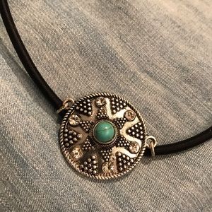 Southwestern necklace pendant turquoise and silver on a black rope 18”